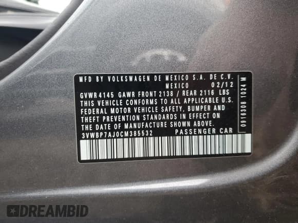 ✅ 2012 Volkswagen Jetta SE • VIN: 3VWBP7AJ0CM385532 • Lot: 91991445. Listed on Copart with 150,559 mi. Free auction sales archive from the USA and detailed vehicle history report at DreamBid. Image 12.