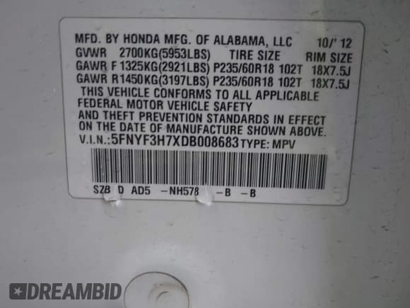 ✅ 2013 Honda Pilot EX-L • VIN: 5FNYF3H7XDB008683 • Lot: 41749108. Listed on IAAI with 88,542 mi. Free auction sales archive from the USA and detailed vehicle history report at DreamBid. Image 9.