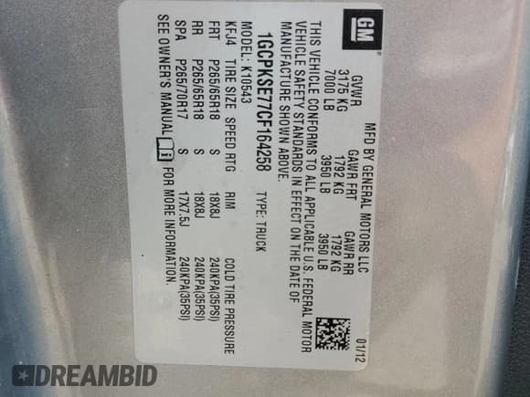 ✅ 2012 Chevrolet Silverado 1500 LT • VIN: 1GCPKSE77CF164258 • Lot: 63189765. Listed on Copart with 248,454 mi. Free auction sales archive from the USA and detailed vehicle history report at DreamBid. Image 13.