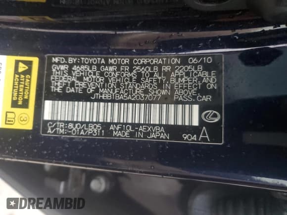 ✅ 2010 Lexus HS 250h • VIN: JTHBB1BA5A2037077 • Лот: 80104224. Опубликован ранее на Copart с пробегом 122 760 миль. Бесплатный доступ к архиву аукционных продаж из США и подробный отчёт об истории автомобиля на DreamBid. Изображение 12.