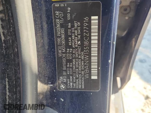 ✅ 2008 BMW 5 Series 535i • VIN: WBANW13518CZ77916 • Lot: 71224005. Listed on Copart with 179,552 mi. Free auction sales archive from the USA and detailed vehicle history report at DreamBid. Image 12.