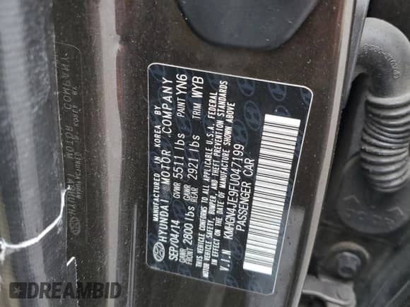 2015 Hyundai Genesis 3.8L with VIN KMHGN4JE9FU047199, listed as a Copart auction lot 82009455 with Not provided miles and Salvage title. Bid and sale history available at DreamBid. Image 12.