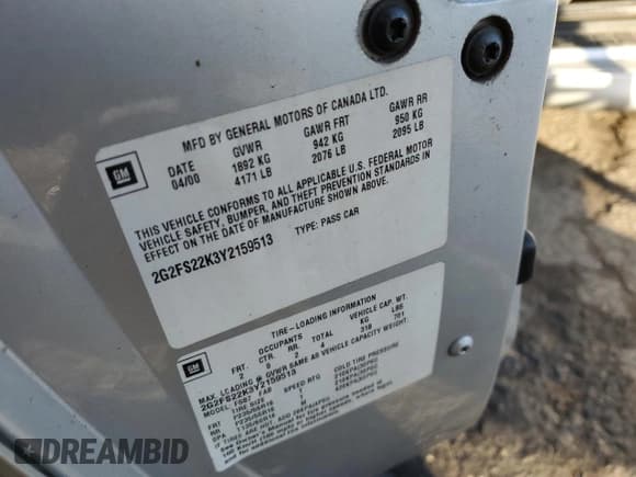 ✅ 2000 Pontiac Firebird Firebird • VIN: 2G2FS22K3Y2159513 • Lot: 85164814. Listed on Copart with 187,188 mi. Free auction sales archive from the USA and detailed vehicle history report at DreamBid. Image 15.