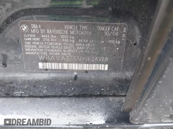 ✅ 2007 BMW 3 Series 328i • VIN: WBAVA37517NE26198 • Lot: 42393500. Listed on IAAI with Not provided. Free auction sales archive from the USA and detailed vehicle history report at DreamBid. Image 9.