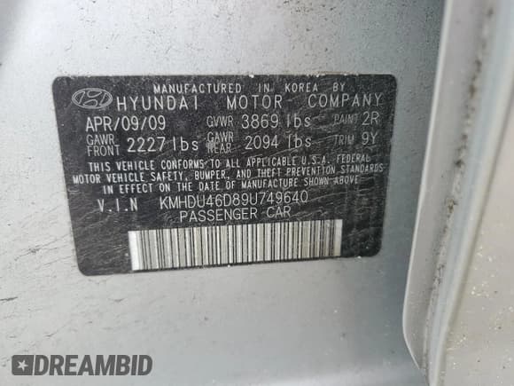 ✅ 2009 Hyundai Elantra GLS • VIN: KMHDU46D89U749640 • Lot: 87005365. Listed on Copart with 51,617 mi. Free auction sales archive from the USA and detailed vehicle history report at DreamBid. Image 12.