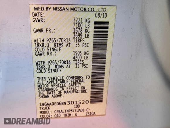 ✅ 2011 Nissan Titan SL • VIN: 1N6AA0ED6BN301520 • Lot: 97023685. Wystawiony na Copart z przebiegiem 177 212 mil. Bezpłatny archiwum sprzedaży aukcyjnych z USA i szczegółowy raport historii pojazdu na DreamBid. Zdjęcie 10.