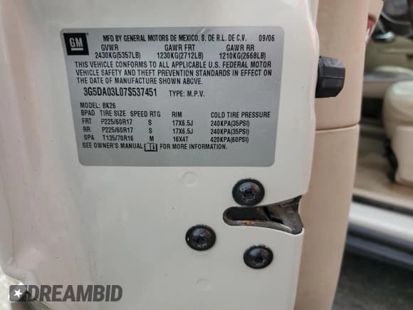 ✅ 2007 Buick Rendezvous CX • VIN: 3G5DA03L07S537451 • Lot: 73319894. Listed on Copart with 107,660 mi. Free auction sales archive from the USA and detailed vehicle history report at DreamBid. Image 13.