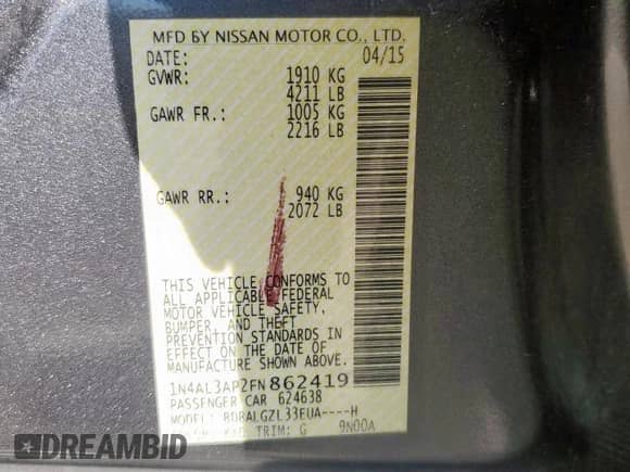 2015 Nissan Altima S with VIN 1N4AL3AP2FN862419, listed as a Copart auction lot 86646235 with 129,794 mi miles and Salvage title. Bid and sale history available at DreamBid. Image 12.