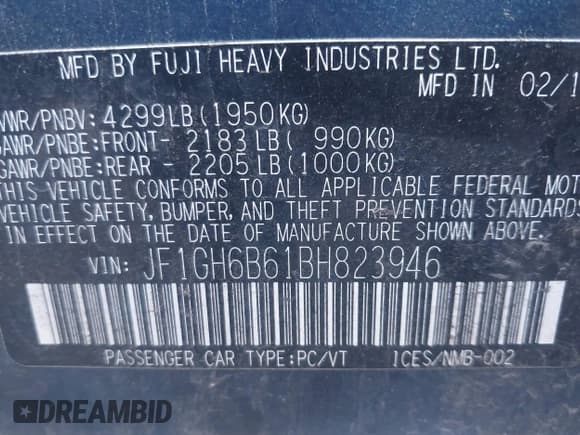 ✅ 2011 Subaru Impreza Premium • VIN: JF1GH6B61BH823946 • Lot: 43594615. Listed on IAAI with 143,534 mi. Free auction sales archive from the USA and detailed vehicle history report at DreamBid. Image 9.