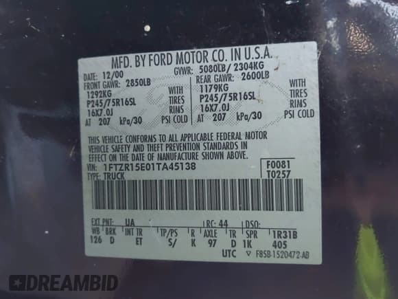 ✅ 2001 Ford Ranger XL Fleet • VIN: 1FTZR15E01TA45138 • Лот: 43424868. Опубликован ранее на IAAI с пробегом 132 988 миль. Бесплатный доступ к архиву аукционных продаж из США и подробный отчёт об истории автомобиля на DreamBid. Изображение 9.