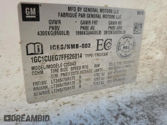 ✅ 2015 Chevrolet Silverado 2500HD Work Truck • VIN: 1GC1CUEG7FF626014 • Лот: 62963505. Опубликован ранее на Copart с пробегом 232 006 миль. Бесплатный доступ к архиву аукционных продаж из США и подробный отчёт об истории автомобиля на DreamBid. Изображение 13.