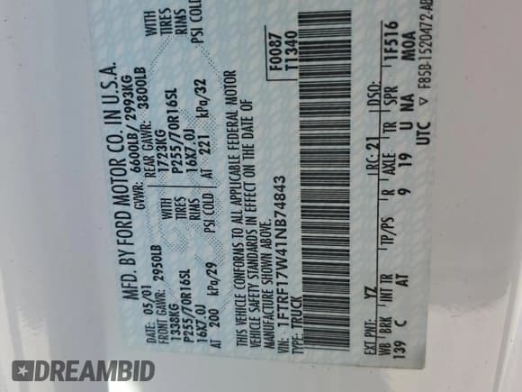 ✅ 2001 Ford F-150 XL • VIN: 1FTRF17W41NB74843 • Lot: 91212005. Listed on Copart with Not provided. Free auction sales archive from the USA and detailed vehicle history report at DreamBid. Image 12.