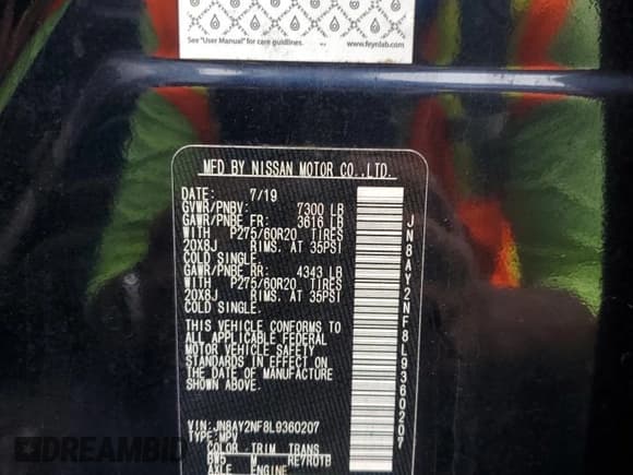 ✅ 2020 Nissan Armada Platinum • VIN: JN8AY2NF8L9360207 • Lot: 73883104. Listed on Copart with Not provided. Free auction sales archive from the USA and detailed vehicle history report at DreamBid. Image 14.