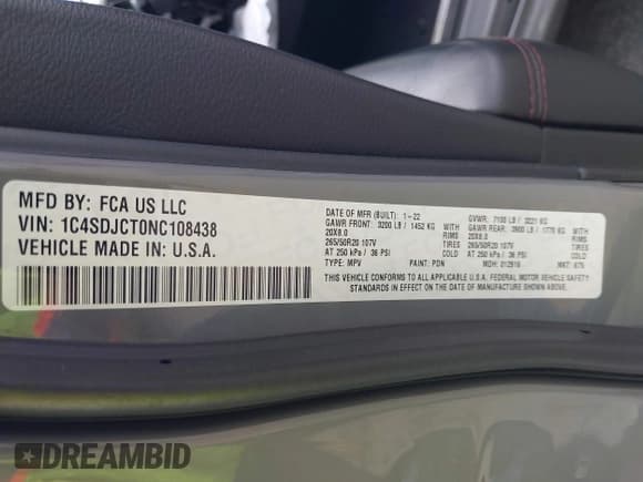 ✅ 2022 Dodge Durango R/T • VIN: 1C4SDJCT0NC108438 • Lot: 42252203. Listed on IAAI with 15,199 mi. Free auction sales archive from the USA and detailed vehicle history report at DreamBid. Image 9.