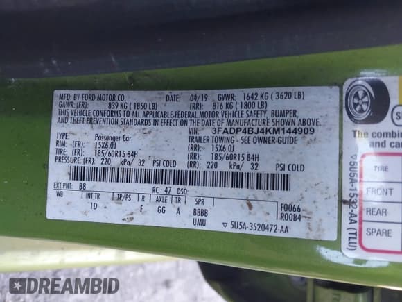 ✅ 2019 Ford Fiesta SE • VIN: 3FADP4BJ4KM144909 • Lot: 43602138. Wystawiony na IAAI z przebiegiem 96 575 mil. Bezpłatny archiwum sprzedaży aukcyjnych z USA i szczegółowy raport historii pojazdu na DreamBid. Zdjęcie 9.