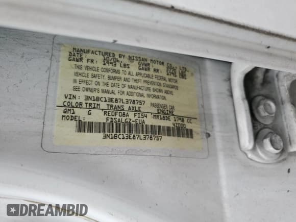 ✅ 2007 Nissan Versa SL • VIN: 3N1BC13E87L378757 • Lot: 92487875. Listed on Copart with 193,908 mi. Free auction sales archive from the USA and detailed vehicle history report at DreamBid. Image 12.