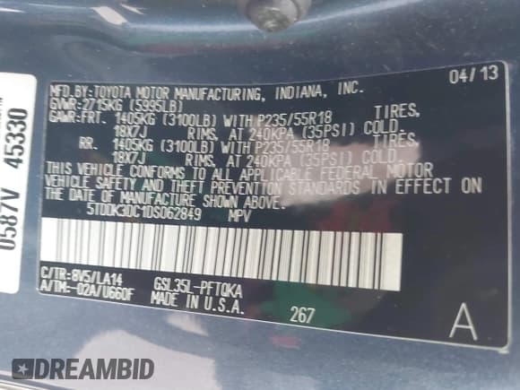 ✅ 2013 Toyota Sienna XLE • VIN: 5TDDK3DC1DS062849 • Lot: 41510296. Listed on IAAI with 100,178 mi. Free auction sales archive from the USA and detailed vehicle history report at DreamBid. Image 9.