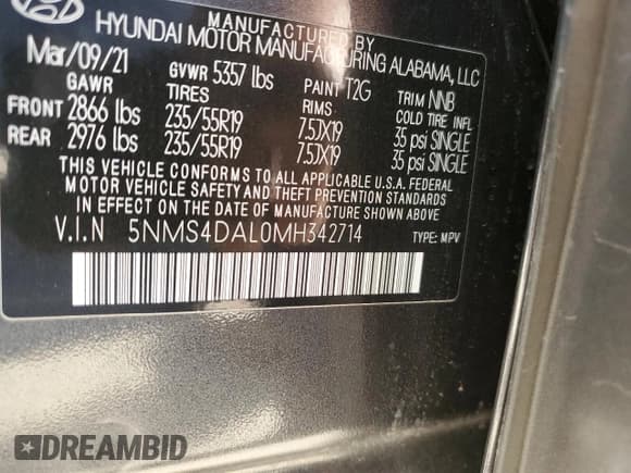 ✅ 2021 Hyundai Santa Fe Limited • VIN: 5NMS4DAL0MH342714 • Lot: 45204494. Wystawiony na Copart z przebiegiem 25 350 mil. Bezpłatny archiwum sprzedaży aukcyjnych z USA i szczegółowy raport historii pojazdu na DreamBid. Zdjęcie 13.