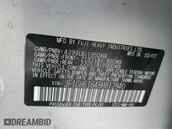 ✅ 2008 Subaru Impreza i • VIN: JF1GH61648H812840 • Лот: 50926355. Опубликован ранее на Copart с пробегом 128 170 миль. Бесплатный доступ к архиву аукционных продаж из США и подробный отчёт об истории автомобиля на DreamBid. Изображение 12.