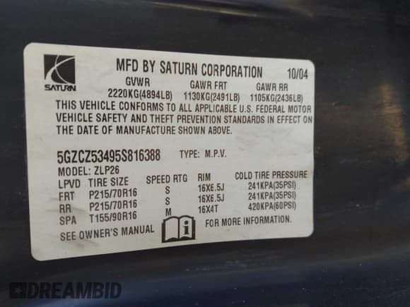 ✅ 2005 Saturn VUE • VIN: 5GZCZ53495S816388 • Лот: 43522058. Опубликован ранее на IAAI с пробегом 122 533 миль. Бесплатный доступ к архиву аукционных продаж из США и подробный отчёт об истории автомобиля на DreamBid. Изображение 9.