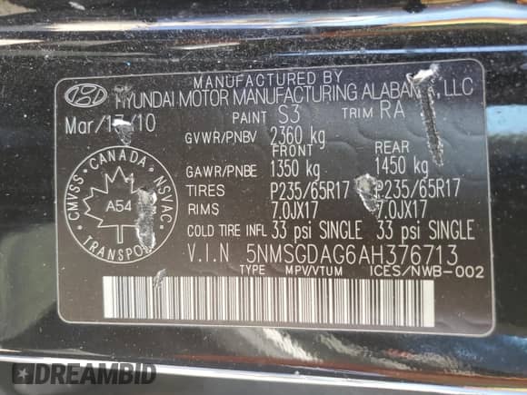 2010 Hyundai Santa Fe GL with VIN 5NMSGDAG6AH376713, listed as a Copart auction lot 69019845 with 220,952 mi miles and Salvage title. Bid and sale history available at DreamBid. Image 14.