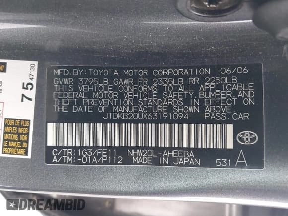 ✅ 2006 Toyota Prius • VIN: JTDKB20UX63191094 • Lot: 41209921. Listed on IAAI with Not provided. Free auction sales archive from the USA and detailed vehicle history report at DreamBid. Image 9.