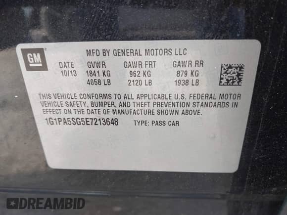 2014 Chevrolet Cruze LS z VIN 1G1PA5SG5E7213648, wystawiony jako IAAI lot #43625005 z przebiegiem 169 525 mil mil oraz . Historia ofert i sprzedaży dostępna na DreamBid. Obrazek 9.