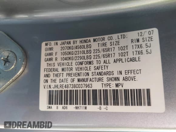 ✅ 2008 Honda CR-V EX-L • VIN: JHLRE48738C037963 • Лот: 42203715. Опубликован ранее на IAAI с пробегом 232 949 миль. Бесплатный доступ к архиву аукционных продаж из США и подробный отчёт об истории автомобиля на DreamBid. Изображение 9.