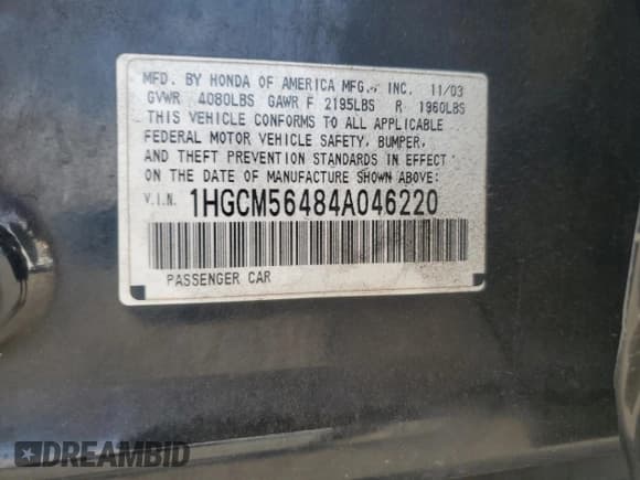 ✅ 2004 Honda Accord LX • VIN: 1HGCM56484A046220 • Лот: 92091965. Опубликован ранее на Copart с пробегом Не указан. Бесплатный доступ к архиву аукционных продаж из США и подробный отчёт об истории автомобиля на DreamBid. Изображение 12.