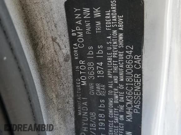 ✅ 2008 Hyundai Accent GS • VIN: KMHCM36C18U086942 • Лот: 42683125. Опубликован ранее на Copart с пробегом 106 158 миль. Бесплатный доступ к архиву аукционных продаж из США и подробный отчёт об истории автомобиля на DreamBid. Изображение 10.