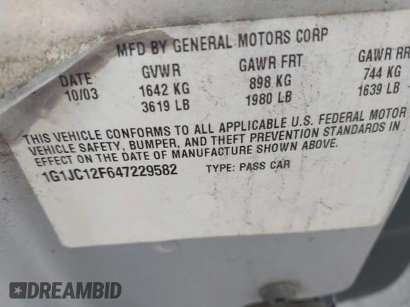 ✅ 2004 Chevrolet Cavalier • VIN: 1G1JC12F647229582 • Lot: 43103558. Listed on IAAI with 118,716 mi. Free auction sales archive from the USA and detailed vehicle history report at DreamBid. Image 9.