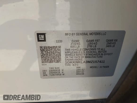 ✅ 2021 GMC Acadia SLE • VIN: 1GKKNKLA3MZ157411 • Lot: 42022104. Listed on IAAI with 21,814 mi. Free auction sales archive from the USA and detailed vehicle history report at DreamBid. Image 9.