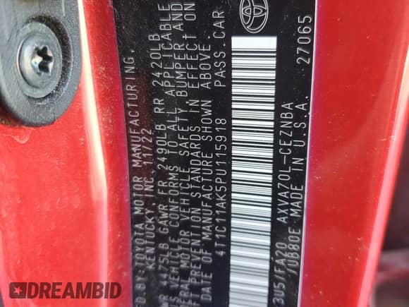 2023 Toyota Camry LE z VIN 4T1C11AK5PU115918, wystawiony jako Copart lot #85148995 z przebiegiem 57 491 mil mil oraz Czysty tytuł • Clean title. Historia ofert i sprzedaży dostępna na DreamBid. Obrazek 12.