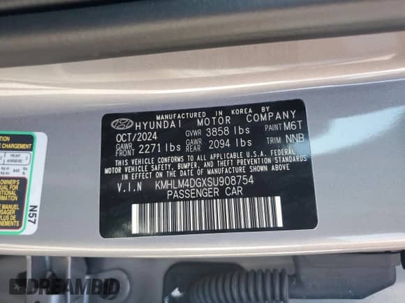 2025 Hyundai Elantra SEL Sport with VIN KMHLM4DGXSU908754, listed as a Copart auction lot 84616605 with 776 mi miles and Salvage title. Bid and sale history available at DreamBid. Image 13.