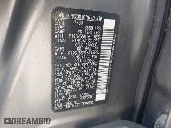 ✅ 2009 Nissan Cube S • VIN: JN8AZ28R49T122143 • Лот: 42803064. Опубликован ранее на IAAI с пробегом 130 999 миль. Бесплатный доступ к архиву аукционных продаж из США и подробный отчёт об истории автомобиля на DreamBid. Изображение 9.