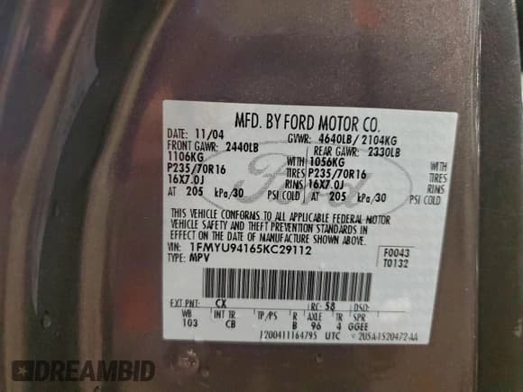 ✅ 2005 Ford Escape Limited • VIN: 1FMYU94165KC29112 • Lot: 94324405. Listed on Copart with 199,492 mi. Free auction sales archive from the USA and detailed vehicle history report at DreamBid. Image 13.