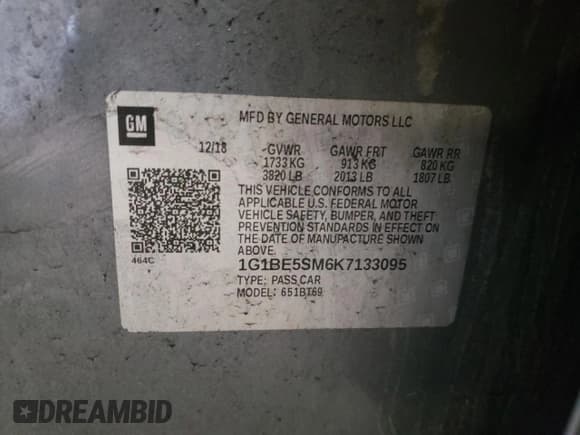 ✅ 2019 Chevrolet Cruze LT • VIN: 1G1BE5SM6K7133095 • Лот: 39831203. Опубликован ранее на Copart с пробегом 43 960 миль. Бесплатный доступ к архиву аукционных продаж из США и подробный отчёт об истории автомобиля на DreamBid. Изображение 12.