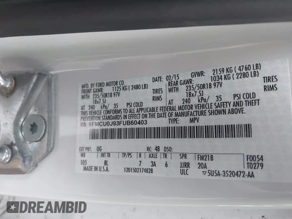 ✅ 2015 Ford Escape Titanium • VIN: 1FMCU0J93FUB60403 • Lot: 43720754. Wystawiony na IAAI z przebiegiem 147 823 mil. Bezpłatny archiwum sprzedaży aukcyjnych z USA i szczegółowy raport historii pojazdu na DreamBid. Zdjęcie 9.