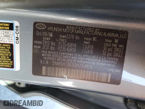 ✅ 2009 Hyundai Santa Fe Limited • VIN: 5NMSH13E59H254816 • Lot: 77625744. Listed on Copart with 91,543 mi. Free auction sales archive from the USA and detailed vehicle history report at DreamBid. Image 13.