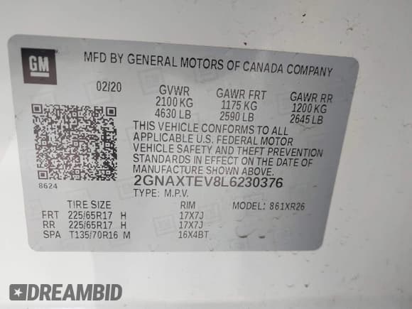 ✅ 2020 Chevrolet Equinox LT • VIN: 2GNAXTEV8L6230376 • Lot: 43456528. Listed on IAAI with 56,920 mi. Free auction sales archive from the USA and detailed vehicle history report at DreamBid. Image 9.