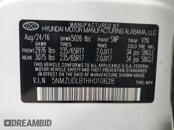 ✅ 2017 Hyundai Santa Fe 2.4L • VIN: 5NMZUDLB1HH010628 • Лот: 90281945. Опубликован ранее на Copart с пробегом 80 036 миль. Бесплатный доступ к архиву аукционных продаж из США и подробный отчёт об истории автомобиля на DreamBid. Изображение 13.