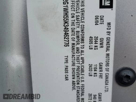 2004 Chevrolet Impala LS с VIN 2G1WH55K349462776, выставлен на аукционе Copart как лот 80142664 с пробегом 81 592 миль миль и Списание • Salvage title. История ставок и продаж доступна на DreamBid. Изображение 12.