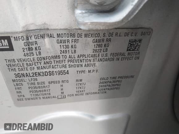 ✅ 2013 Chevrolet Captiva Sport LS • VIN: 3GNAL2EK3DS619554 • Lot: 42259633. Wystawiony na IAAI z przebiegiem 122 751 mil. Bezpłatny archiwum sprzedaży aukcyjnych z USA i szczegółowy raport historii pojazdu na DreamBid. Zdjęcie 9.