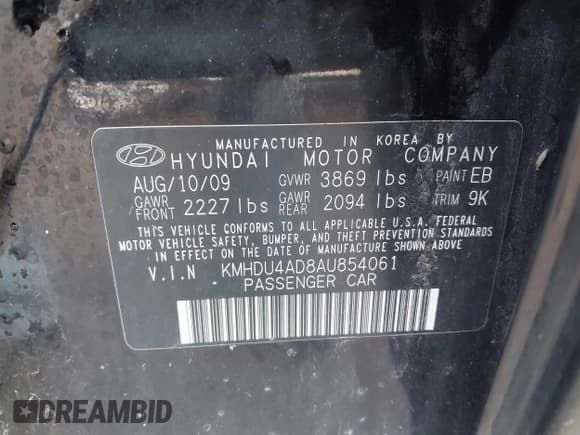 ✅ 2010 Hyundai Elantra SE • VIN: KMHDU4AD8AU854061 • Lot: 43454990. Listed on IAAI with 61,960 mi. Free auction sales archive from the USA and detailed vehicle history report at DreamBid. Image 9.