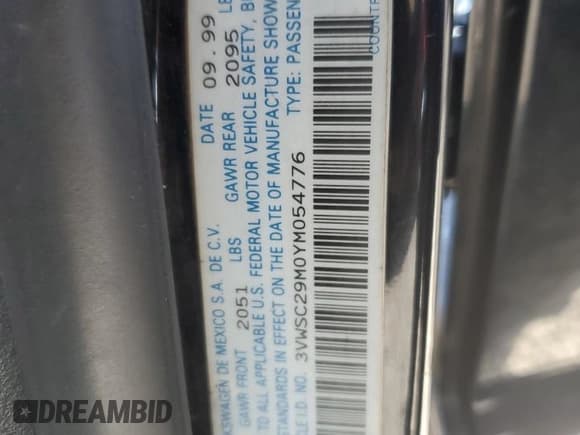 ✅ 2000 Volkswagen Jetta GLS • VIN: 3VWSC29M0YM054776 • Lot: 66153875. Listed on Copart with 171,681 mi. Free auction sales archive from the USA and detailed vehicle history report at DreamBid. Image 13.