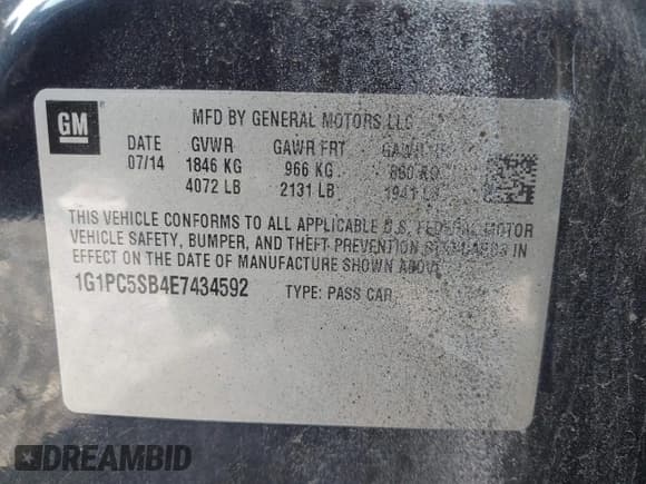 ✅ 2014 Chevrolet Cruze 1LT • VIN: 1G1PC5SB4E7434592 • Lot: 42873530. Listed on IAAI with Not provided. Free auction sales archive from the USA and detailed vehicle history report at DreamBid. Image 9.