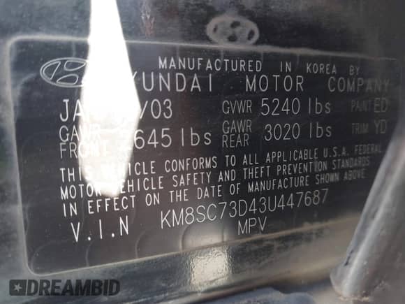 2003 Hyundai Santa Fe GLS с VIN KM8SC73D43U447687, выставлен на аукционе IAAI как лот 41655149 с пробегом 263 491 миль миль и . История ставок и продаж доступна на DreamBid. Изображение 9.