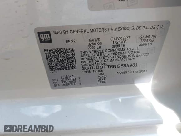 ✅ 2022 GMC Sierra 1500 • VIN: 3GTUUGET6NG585901 • Lot: 42601844. Wystawiony na IAAI z przebiegiem 57 633 mil. Bezpłatny archiwum sprzedaży aukcyjnych z USA i szczegółowy raport historii pojazdu na DreamBid. Zdjęcie 9.
