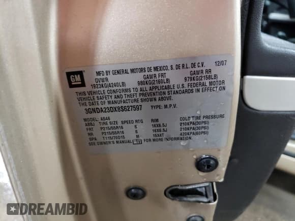 ✅ 2008 Chevrolet HHR LT • VIN: 3GNDA23DX8S627597 • Lot: 79454804. Listed on Copart with 175,723 mi. Free auction sales archive from the USA and detailed vehicle history report at DreamBid. Image 13.