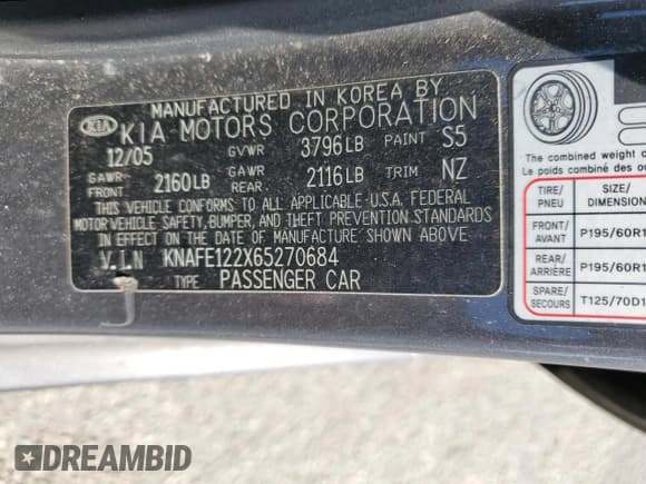 ✅ 2006 Kia Spectra EX • VIN: KNAFE122X65270684 • Lot: 73002454. Wystawiony na Copart z przebiegiem 79 326 mil. Bezpłatny archiwum sprzedaży aukcyjnych z USA i szczegółowy raport historii pojazdu na DreamBid. Zdjęcie 12.